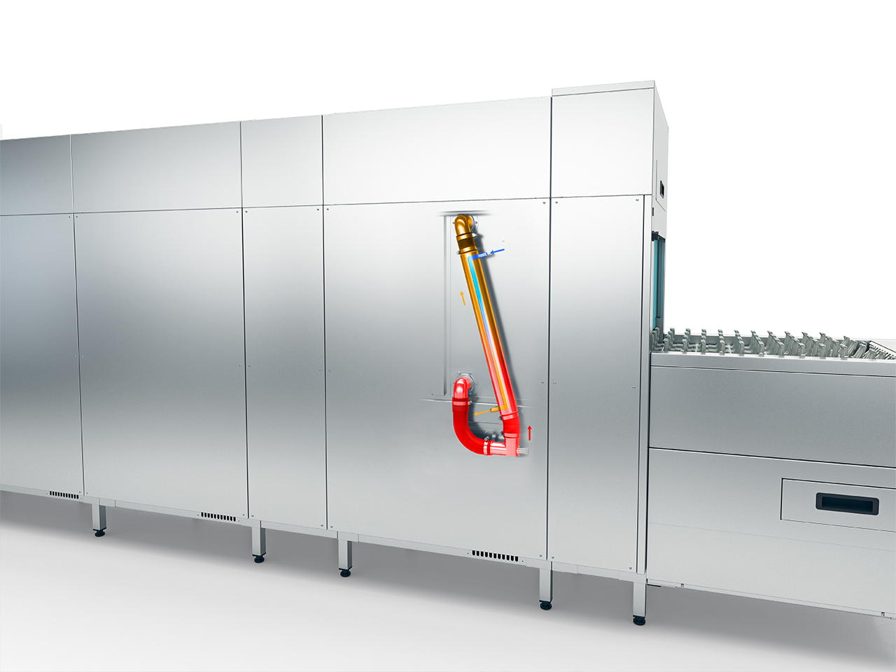 Lave-vaisselle à avancement automatique MTF Winterhalter, Échangeur thermique des zones de prélavage
